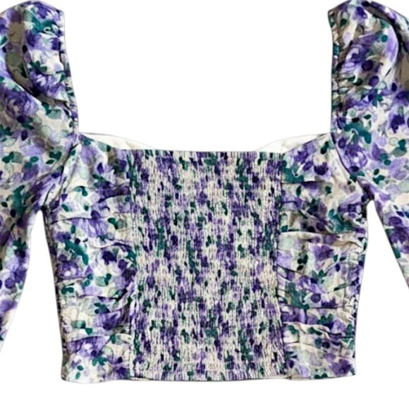 NWT ASTR The Label Blue Purple Floral Puff Sleeve Blouse XS Romantic Corset - Picture 6 of 10
